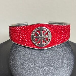 Rustic Cuff Red and Silver Bracelet Textured Valentines Day